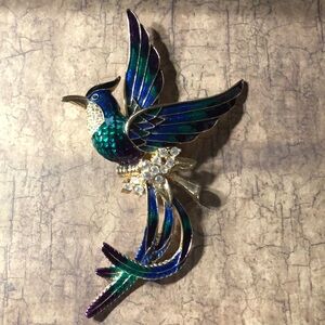 Huge Enamel bird of paradise brooch, 6” blue gold tone